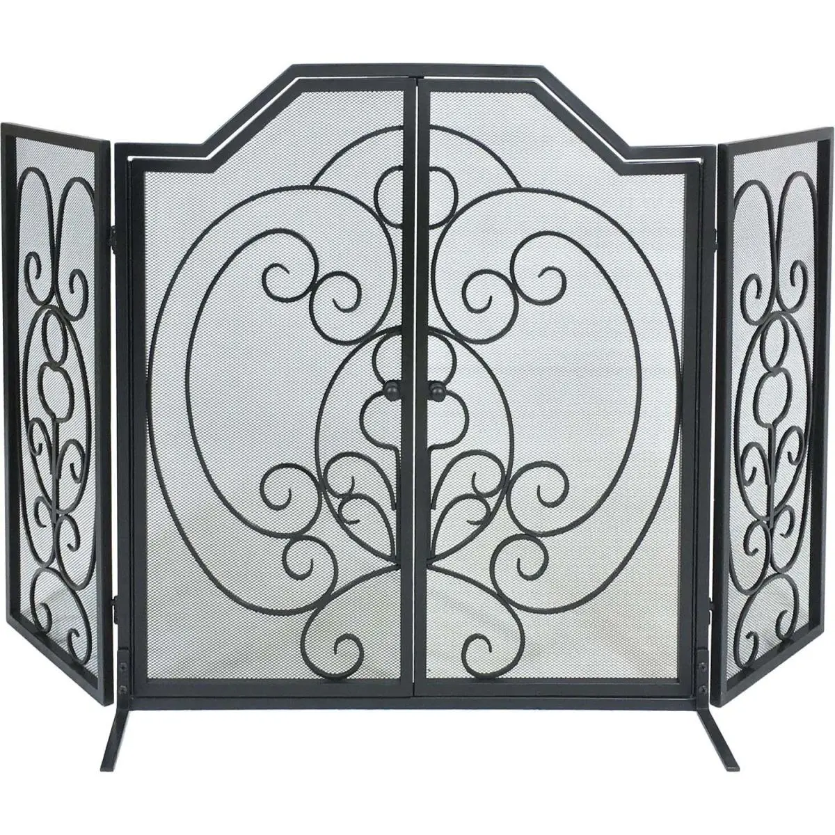 212 MAIN Black Wrought Iron Steel Freestanding Interior Room Partition, 3-Fold Center Arched Design with Doors, Scroll Motif for Home Living Room Festive Decorations