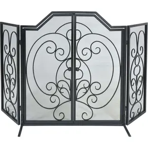 212 MAIN Black Wrought Iron Steel Interior Partition, 3-Fold Center Arched Freestanding Room Divider with Doors, Scroll Motif for Home Living Room