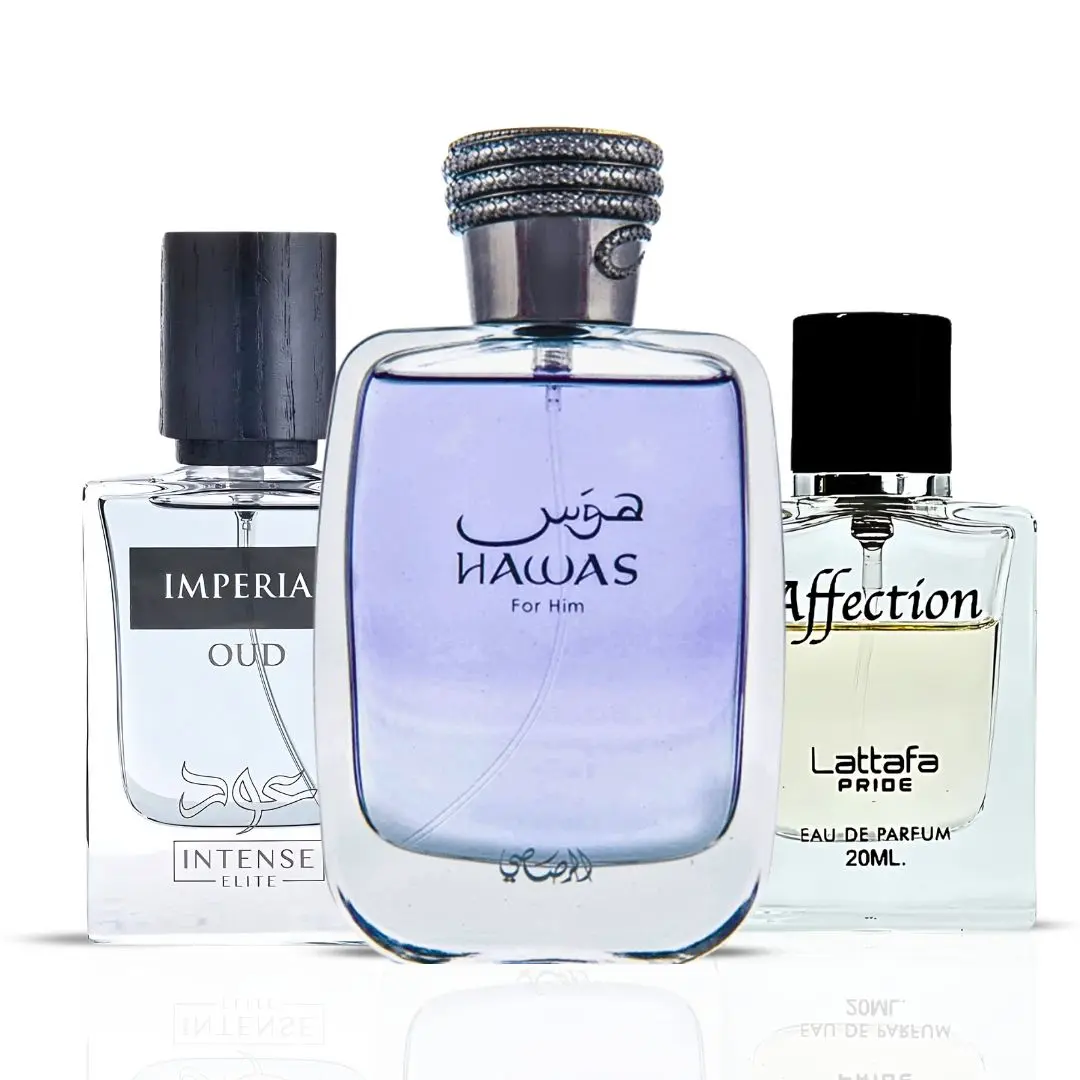 Hawas For Him 100ML by Rasasi, Imperial Oud 50ML by Intense Elite, Affection 20ML by Lattafa Pride | A Bold Trio of Vibrant Citrus, Opulent Oud & Creamy Gourmand Notes. (Bundle)