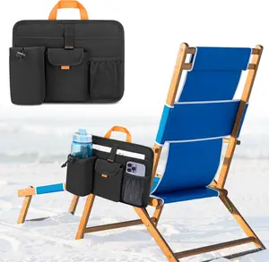 Beach Chair Cup Holders, Arm Organizer for Camping with 2 Self-Adhesive Fastener Strap, Hanging Bag Insulation with 4 Pockets, Camp Chair Accessories for Water Bottle, Magazine, Black, Patent Design