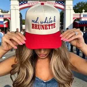 Red White & Brunette Trucker Hat for Women, Funny Patriotic Graphic Snapback, Adjustable Foam Mesh Summer Cap for 4th of July, Graphic Trucker Hat