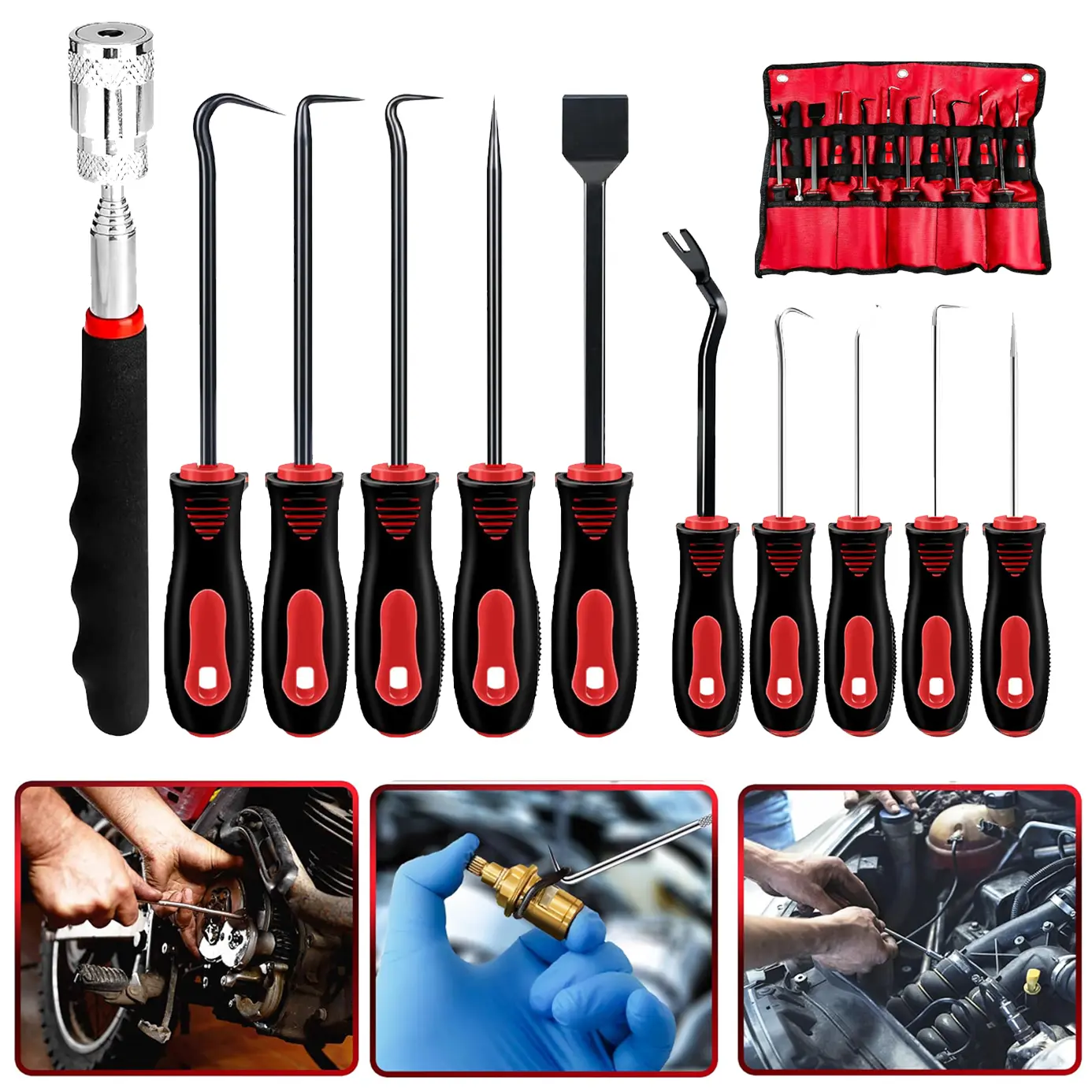 11 Pcs Precision Pick and Hook Tool Set with Clip Removal Plier Rivets Puller Fastener Remover Telescoping Magnetic Pickup Gasket Scraper for Electronics Maintenance Automotive Repair,with Tool Bag for Men,Mechanic,Electrician & Hobbyist