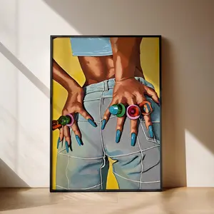 Black Woman Wall Art Poster – Long Blue Manicure Ring Pop Print, Stylish Black Art for Nail Salon or Home Decor, Room Decor, Unframed