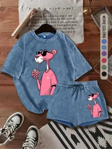 Two-piece Set Women's Panther Print Tee & Shorts, Casual Short Sleeve T-shirt & Shorts, Ladies Two-piece Outfits for Daily Wear, Clothes, Womenswear, Fitted, Crewneck Summer Beach Set, Shorts Sets