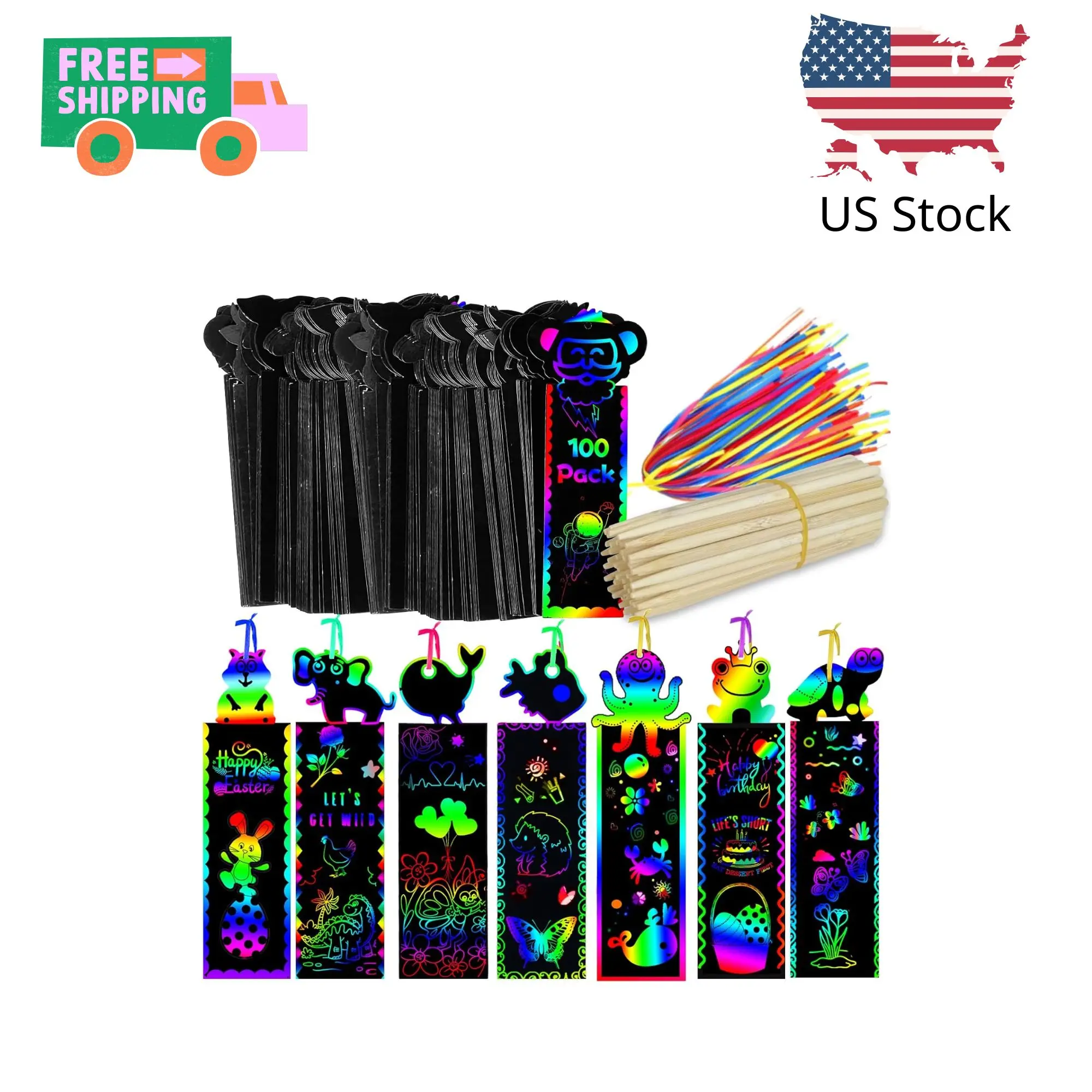 100 Sets Bookmark Making Kit, Scratch Art DIY Animal Bookmarks Bulk