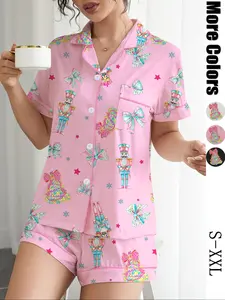 【Christmas】Women's Christmas Pajama Set, Bowknot Tree Print Sleepwear, Fitted Short Sleeve Top & Elastic Shorts, Casual All-Season