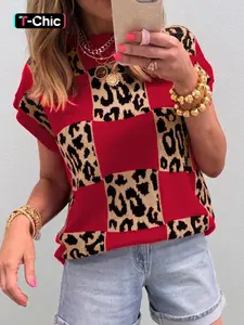 Summer Fashion Colorblock Leopard Chessboard Short Sleeve Knit Fitted T-Shirt Tops, Lady Womenswear, Stylish Casual Wear, Comfortable and Trendy, Perfect for Daily, Everyday