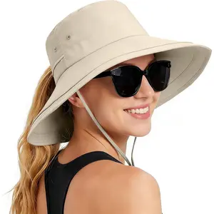 Women Sun Hat with Ponytail Hole Wide Brim Bucket Hats UPF 50+ Beach Hiking Gardening Hat Water-Resistant Outdoot Hat