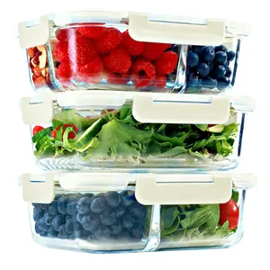 1 & 2 & 3 Compartment Glass Meal Prep Containers with BEIGE Lids (3 Pack, 35 oz)