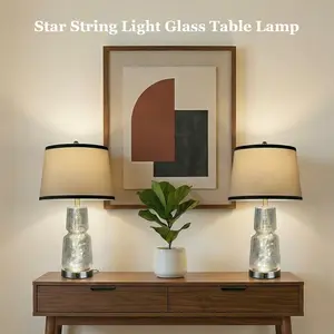 Modern Glass Table Lamp Set of 2, 26" Bedside Lamps with USB A+C Ports, Dual Independent Lights with Night Light, 3 Color Temperatures, Internal Starry String Lights, Silver Textured Lamps for Bedroom Living Room Office,Stock up,Mother's Day