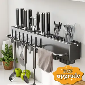 Raybee Wall-Mounted Spice Rack, No-Drill Carbon Steel Kitchen Organizer Shelf with Hooks, Space-Saving Storage for Utensils, Lids & Seasoning Jars