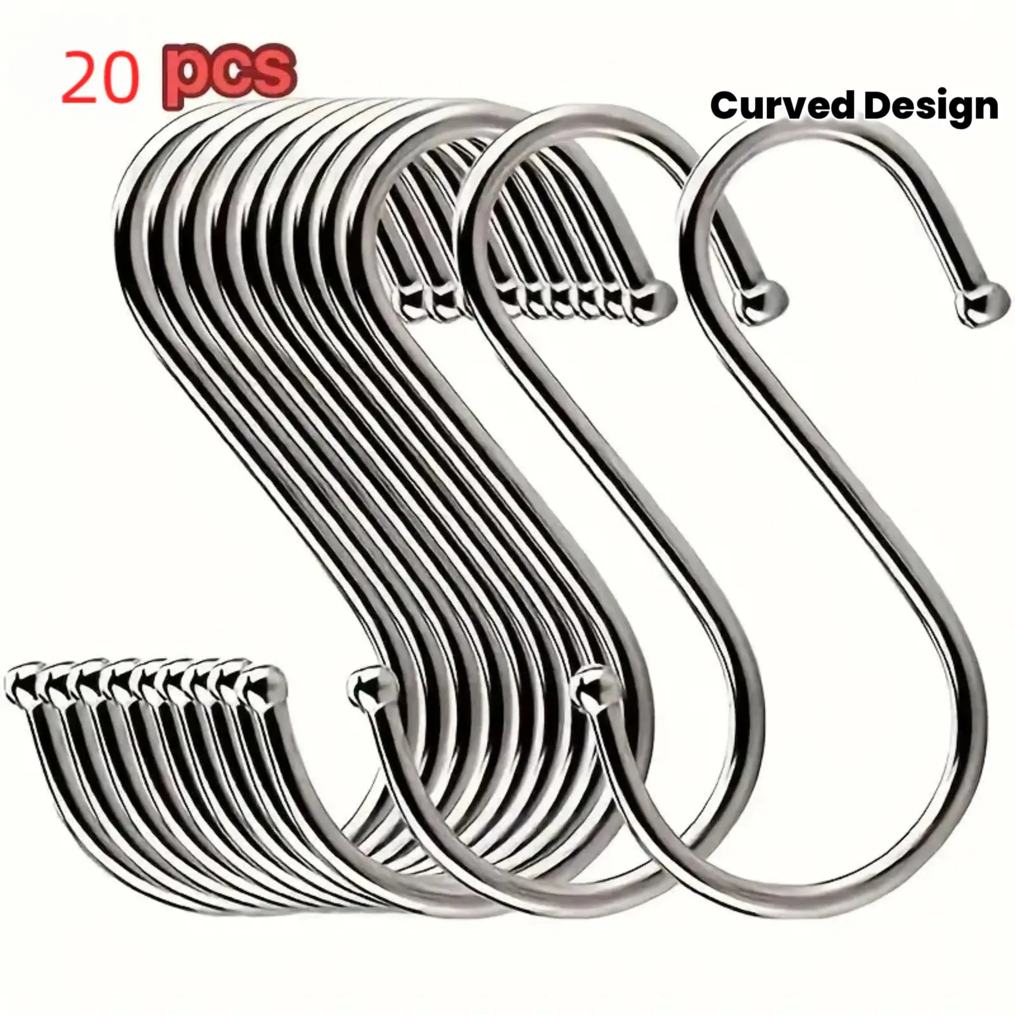 20pcs Heavy-Duty Stainless Steel S-Hooks - Rustproof Kitchen Hooks with Curved Design, Space-Saving Organizer for Pots, Pans, Bags, Cups, Utensils - Ideal for Home, Restaurant, or Commercial Use - Easy Installation with Pre-Drilled Holes