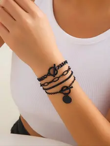 Women's Simple Disc Charm Ot Clasp Bracelet Set, Stackable Bracelets, Casual Fashion Jewelry Accessories, Versatile Zinc Alloy Design for Daily Wear