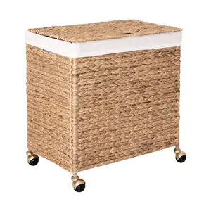Natural Water Hyacinth Handwoven Lidded Double Laundry Hamper with Gold Sphere Casters