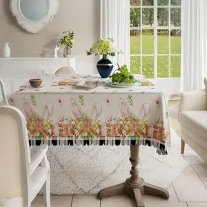 Easter Tablecloth 60x84 Inch Rectangular – Spring Plaid Bunny & Egg Pattern, Washable Polyester Fabric Table Cover for Easter Dinner, Party, Picnic, Brunch Decor – Stain Resistant & Reusable