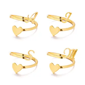 Simple Romantic Heart and Letter Rings A-Z 26  Alphabet Initials Ring For Women Opening Finger Ring Party Jewelry Birthday Gift