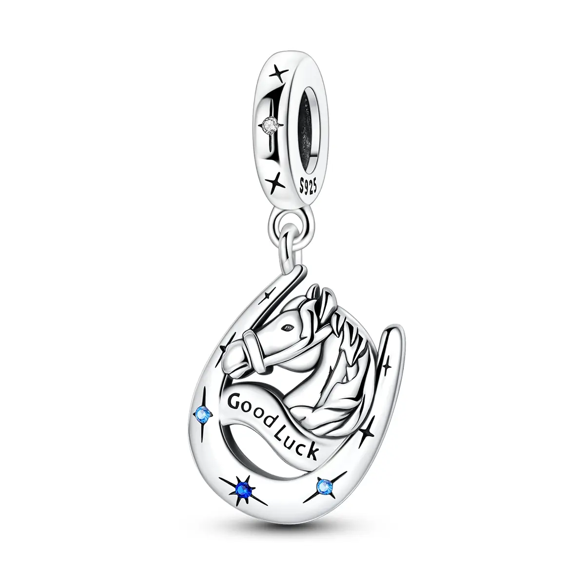 MULA Women's Horse Head Charm Pendant, 925 Silver-Plated with Blue Cubic Zirconia Inlay, Hypoallergenic Good Luck Jewelry, Compatible with Pandora & European Brands, Horse Head Pendant, Charms & Pendants