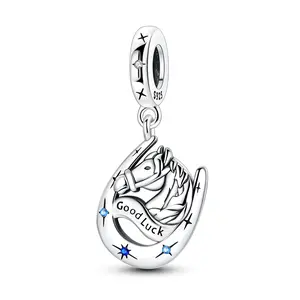 MULA Lucky Horseshoe Pendant - 925 Silver-plated horse shape pendant inlaid with blue CZ, symbolizes strength and wealth, suitable for Pandora bracelet, suitable gift for women girls