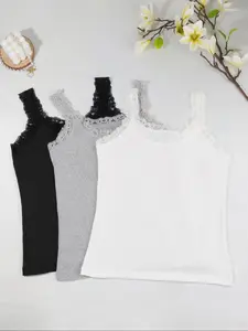 Lace Trim Ribbed Camisole Tank Top, High Elastic Skin Friendly Fabric, Slim Fit Figure Shaping, Simple Solid Color Design, For Layering And Outer Wear, Multiple Colors Daily Versatile Women Underwear