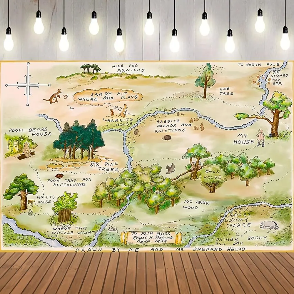 1pc 2D Flat Hundred Acre Wood Hand Drawn Illustration Map Backdrop Forest Animal Bear Pooh Background Birthday Party Supplies Dcoration Banners Wooden