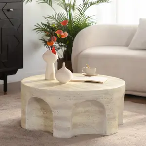 MgO Modern Minimalist Round Coffee Table, Unique Arched Cutout Base Accent Side Table, Sturdy Structure No Assembly Required, Stylish Home Decor Table for Living Room Bedroom