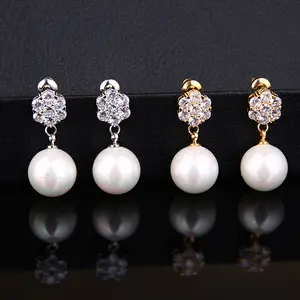 Elegant Round Pearl Drop Earrings - Crystal Zirconia Stud Dangle