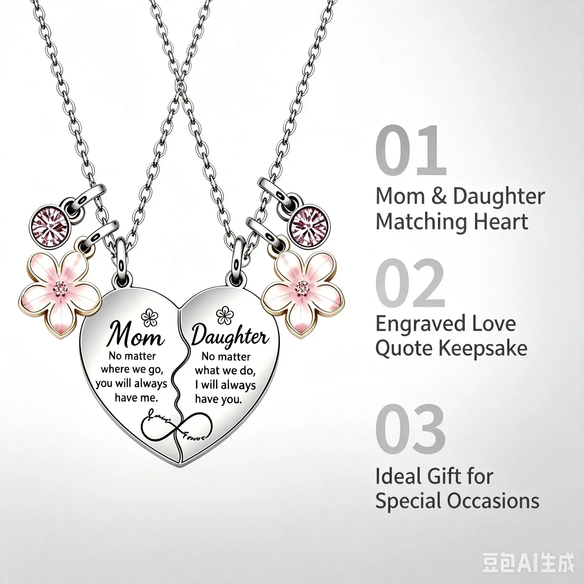 new heart-shaped flower mother-daughter heart interlocking zinc alloy engraved necklace Mother's Day gift