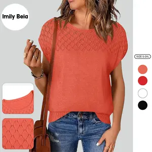 Imily Bela Womens Short Sleeve Sweaters Casual Crewneck Crochet Knit Summer Loose Trendy Pullover Tops
