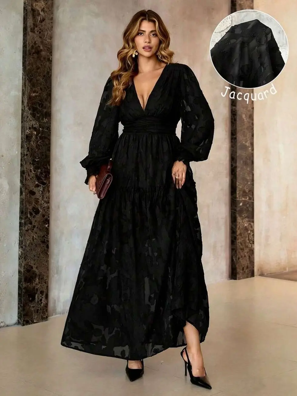 Plus Size French Elegant Jacquard V-Neck Pleated Dress For Party