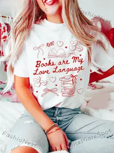 Women's Book Lover T-Shirt - "Books Are My Love Language" Print with Book & Heart Design, Loose Fit Round Neck Short Sleeve, Breathable Machine-Washable Fabric Suitable for Readers, Bookworms, Valentine's Gift for Book Lovers