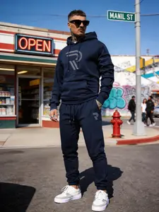 Men's Fashion Lightweight Cotton Hoodie & Sweatpants Set, 2026 Spring New Arrival, "R" Print Long Sleeve Tracksuit, Daily Wear Simple Long Sleeve Hoodie