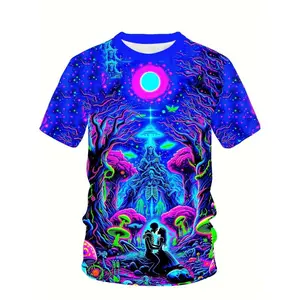 Men's 3D Printed Neon Glow-in-the-Dark T-Shirt - Psychedelic Retro 60s/70s Inspired Cosmic Design with Glowing Back Print, Machine Washable Crew Neck Short Sleeve Summer Top for Outdoor Parties & Casual Wear
