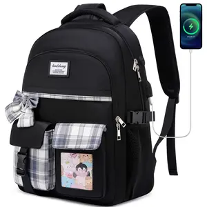 kadliong Black Multi-Functional Backpack, 15 Inch Multi-Compartment Laptop Backpack with USB Charging & Plaid Bow Decor for Students, Commuters & Travelers