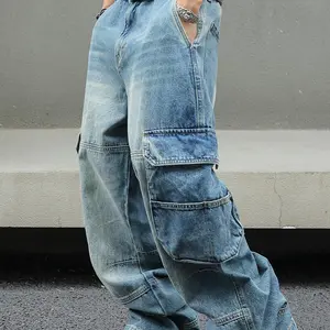 MZNBURAM Men's Non-Stretch Loose Fit Wide-Leg Baggy Cargo Jeans Pants Menswear Trouser Streetwear Denim 6 Pocket