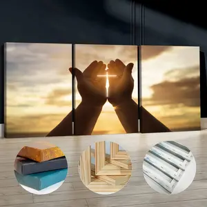 3Pcs Wooden Framed Canvas Painting, Hands Holding Cross Sunset Silhouette, Exquisite Poster, Home Decoration, Pattern Wall Art Decor, For Living Room, Bedroom, Office, Restaurant, Bar Wall Decor, Odorless, Painting, Print Artwork.