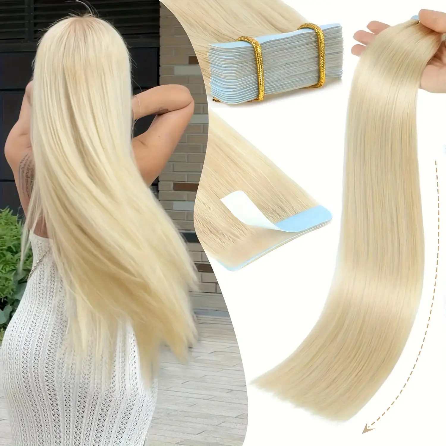 2025 Fashion New20pcs Full Shine Blonde Tape In Hair Extensions Human Hair - Seamless Straight Light Blonde to Platinum Highlights with Natural Brown Roots, Volume & Length, Easy Application Tape- In Wefts for Women, Natural Look Clip-In/Clip-On Ex-YUNZHI