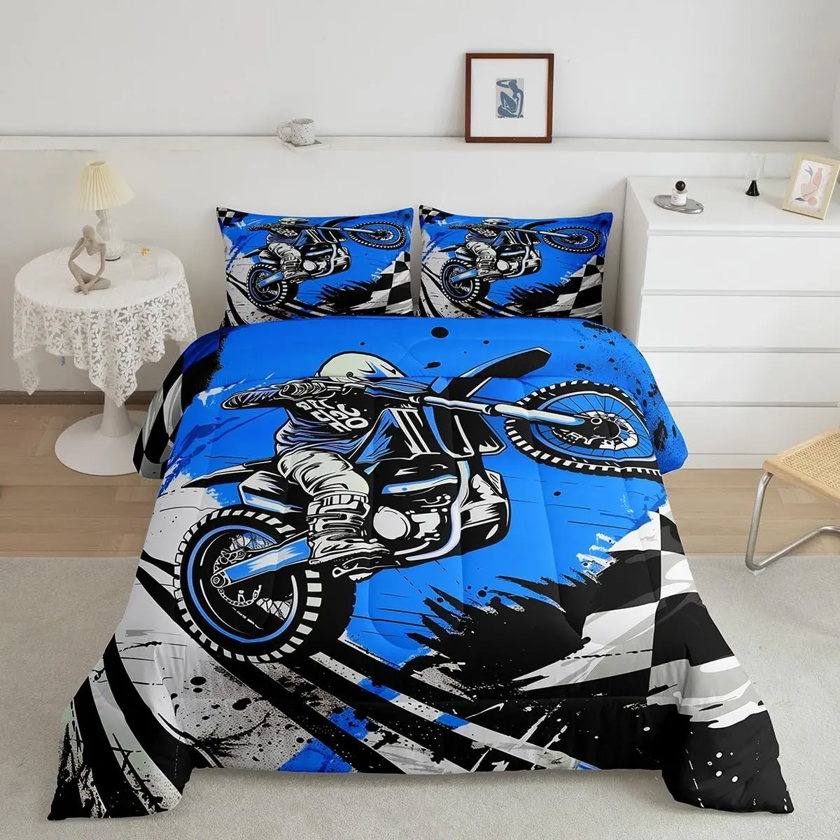 Boys Dirt Bike Comforter Set,Extreme Sports Bedding Set Racing Motocross Rider Comforter Motorcycle Duvet Set Bedroom Decor 1
