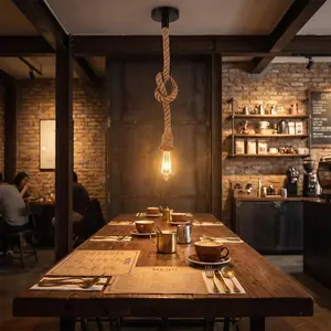 Rustic hemp rope pendant lamp, retro industrial-style single-head hanging ceiling lamp, suitable for kitchen island, restaurant, cafe, bar country-style lighting fixtures - socket compatible with E26 / E27 (bulb not included)