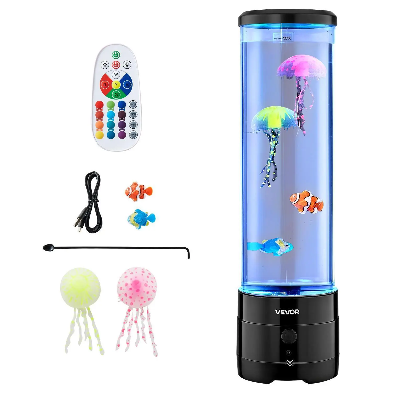 【Summerfinds】VEVOR Sensory Bubble Tube Lamp, 16 Color Changing Light Effects, Water Fish Lamp with Built-in Bluetooth Speaker & White Noise, Fake Aquarium Tank Night Light for Bedroom Living Room Home Decor, Adjustable Atmosphere Light, Jellyfish Lighting
