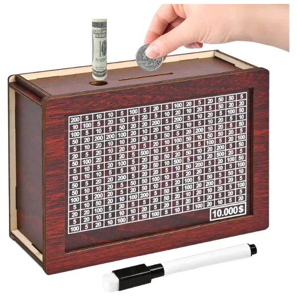 10000 Savings Challenge Box, Wooden Money Saving Piggy Bank for Adults Kids, Reusable, Targets 10k