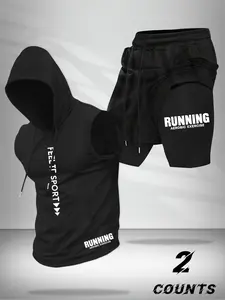 Men's Sleeveless Running Sport Set, Street Style Hoodie & Two-In-One Shorts, Casual Gym Wear for Running, Training, Aerobics
