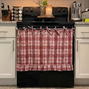 2 pieces of rustic-style handmade oven apron curtains, checkered pattern kitchen decorations, ruffled lace-style stove front cover, Decorative cover, suitable for covering oven and dishwasher, easy to install kitchen accessories