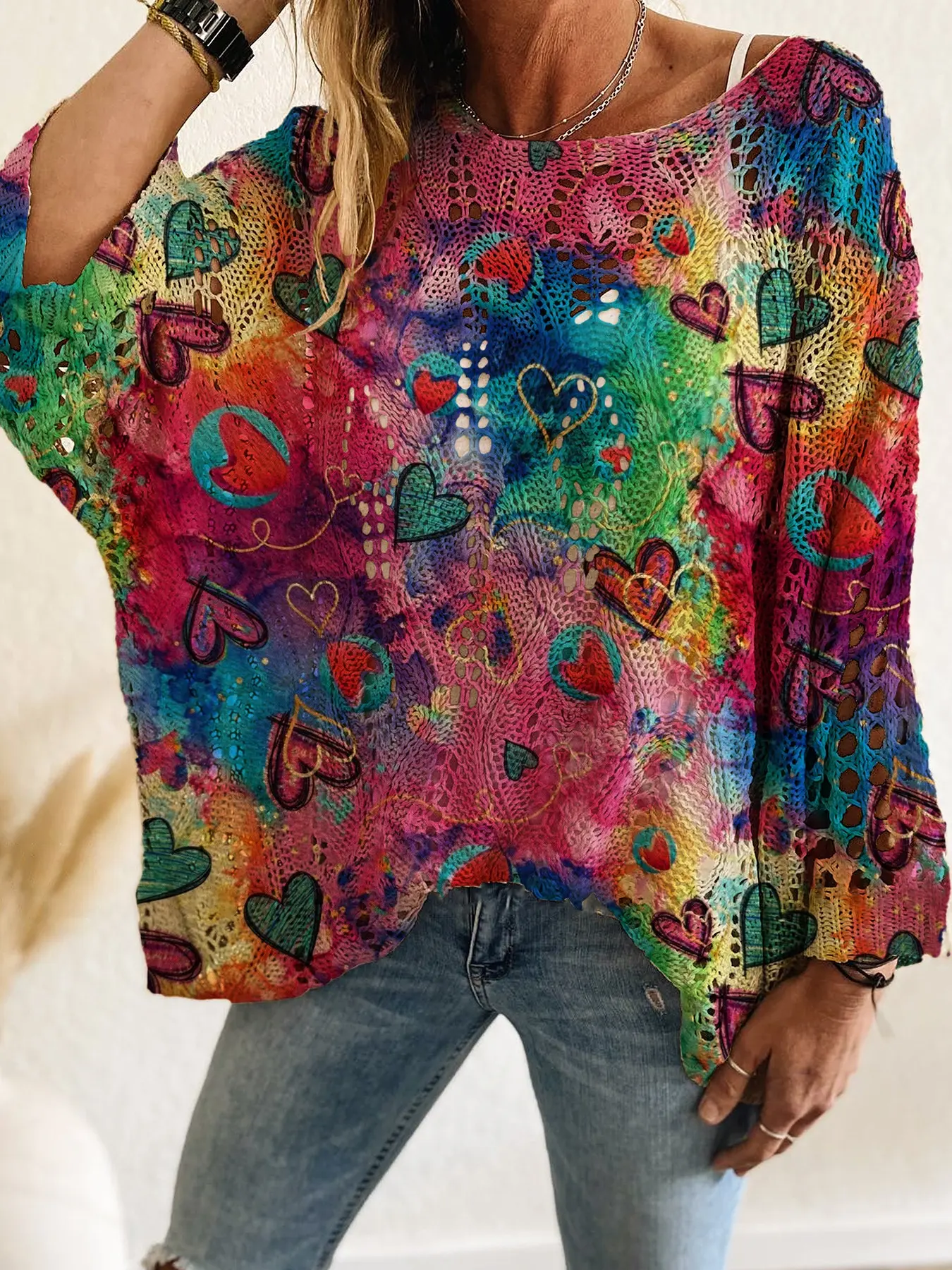 Women's Long Sleeve Batwing Knit Top, Valentine's Day Gradient Heart Patchwork, Casual Elegance for Spring Summer Autumn Winter, Loose Fit, Knitwear, Womenswear