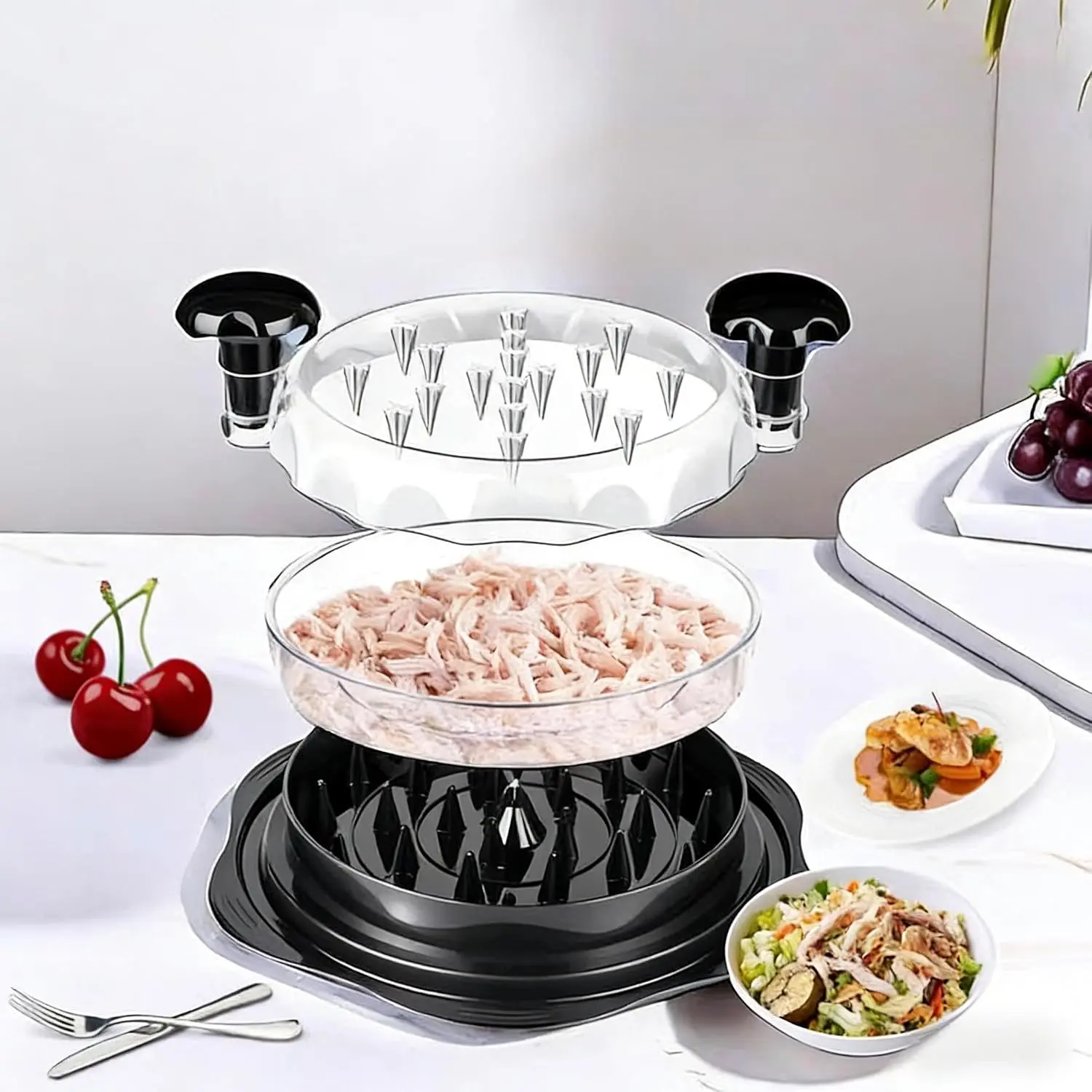 Large Chicken Shredder Tool for Chicken, Pork, Beef - Rotisserie Meat Shredder with Removable Bowl, Handle, Non-Slip Base, Dishwasher Safe (Home Supplies Storage Box Accessory)