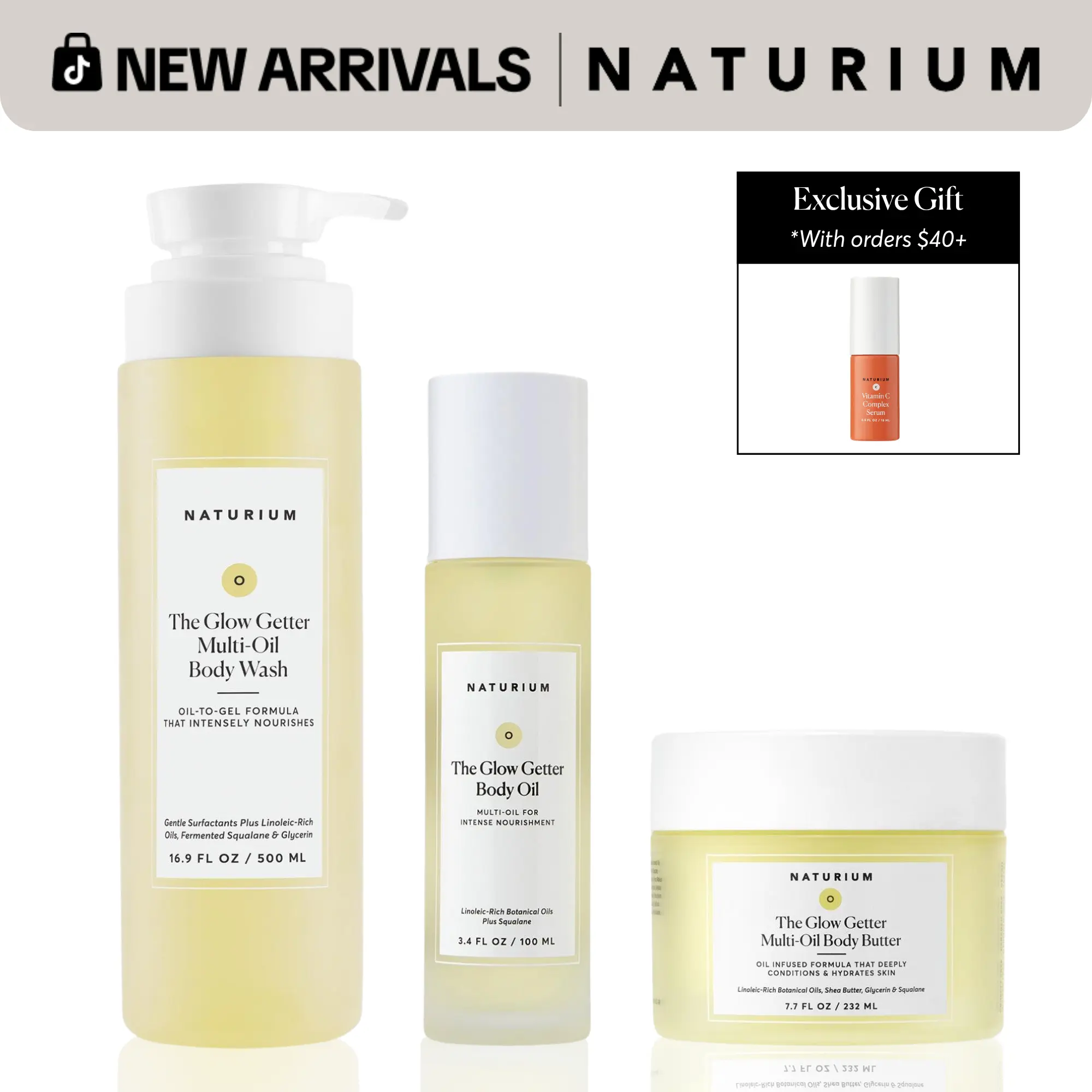 Naturium The Glow Getter Collection - Body Set of Body Wash, Lotion, and Body Oil Shea Coconut