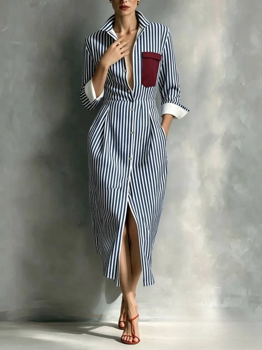 Women's Striped Dress,Collared Button Front Midi Dress,Cuffed Long Sleeve Shirt Dress with Contrast Pocket,Office Casual Wear