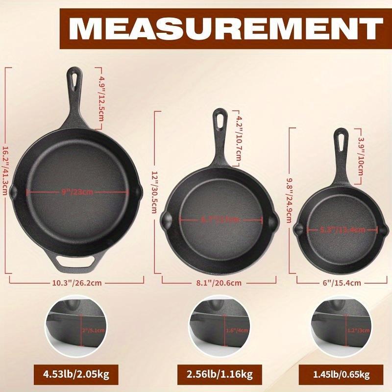 Kitchen Cast iron Skillets 3 Piece Set, Chefs Pan, Pre Seasoned Cast iron Skillets, 6, 8 & 10 Inches, Easy Use in the Oven, Stove, Grill, or Campfire,