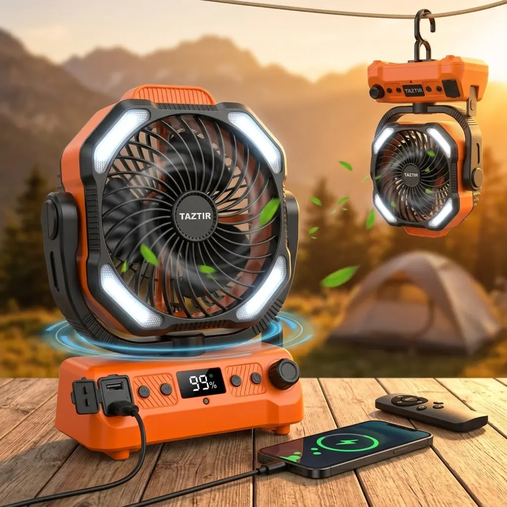 Taztir 3-in-1 Portable Camping Fan with 20000mAh Battery, Rechargeable Desktop Fan with LED Light & Power Bank, No Plug, 4 Speeds Strong Airflow for Camping, Bedroom, Office & Emergency