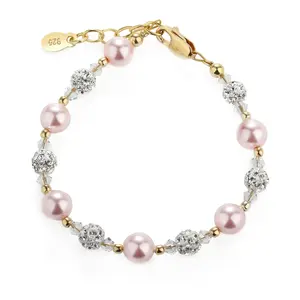 14K Gold Plated Children's Bracelet with Simulated Pink Pearl and Sparkling Stardust Accents