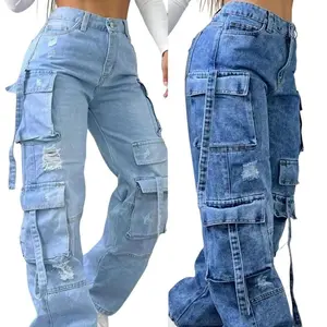 High Waist Multi-Pocket Cargo Jeans - Flattering Fit & Versatile for All Seasons - Ideal for Everyday Wear